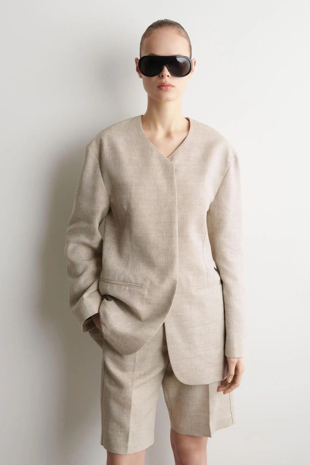 Жакет свободного кроя без воротника из смесового льна, COS