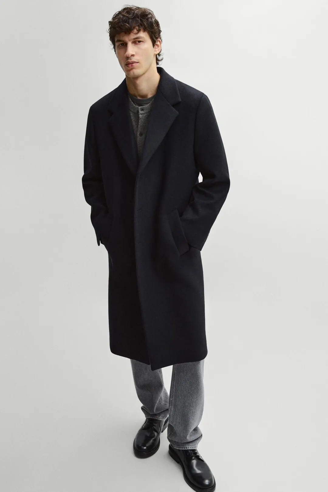 Пальто из 100% шерсти с лацканами, Massimo Dutti