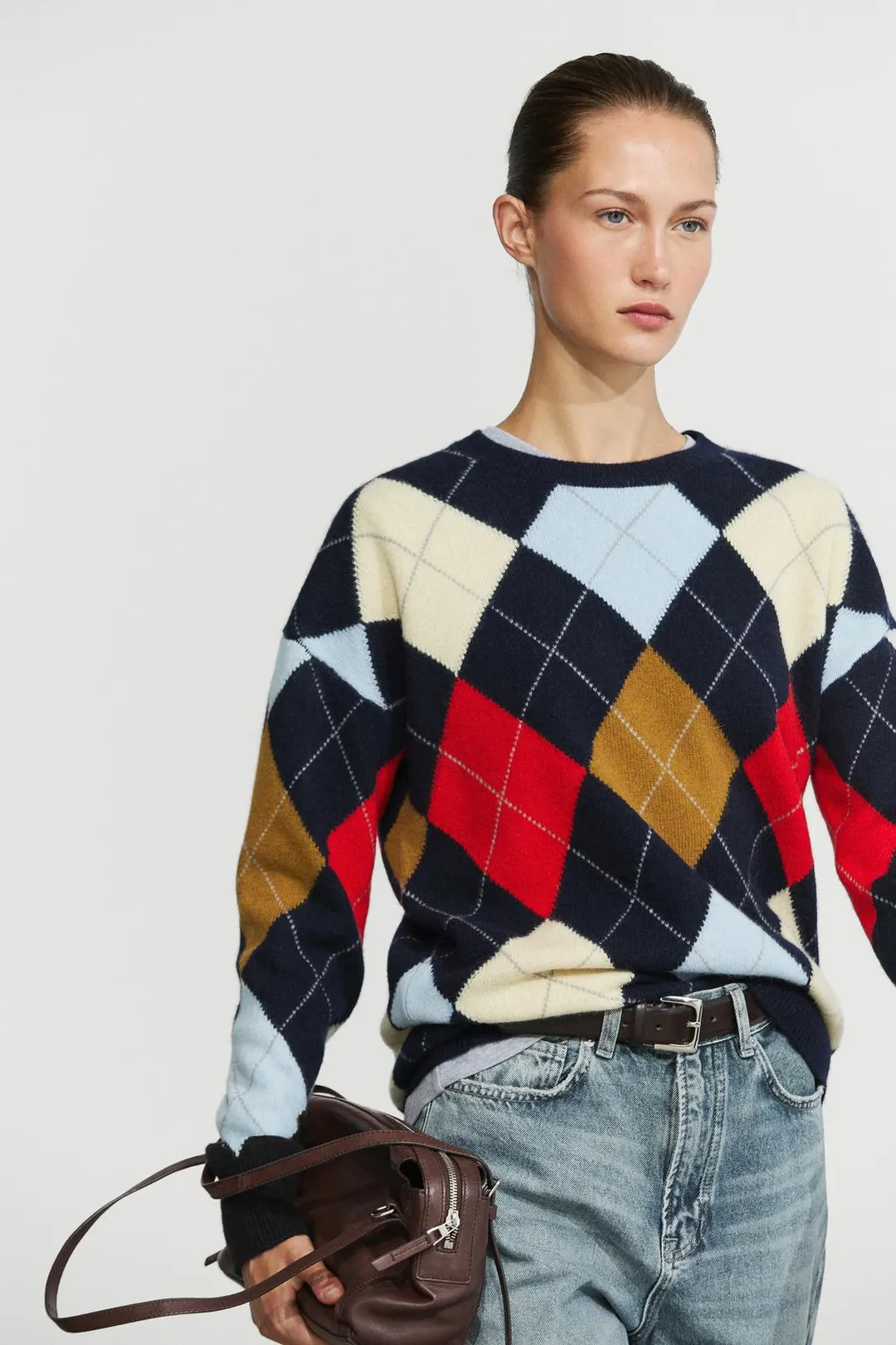 Свитер с узором аргайл из 100% шерсти, Massimo Dutti