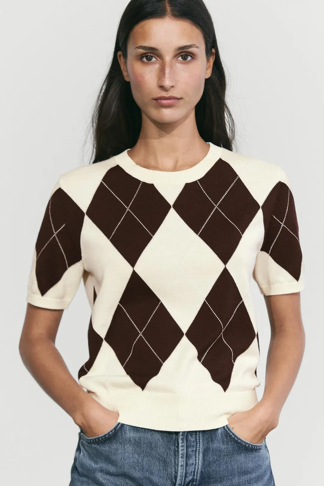 Свитер с коротким рукавом из 100% хлопка с ромбами, Massimo Dutti