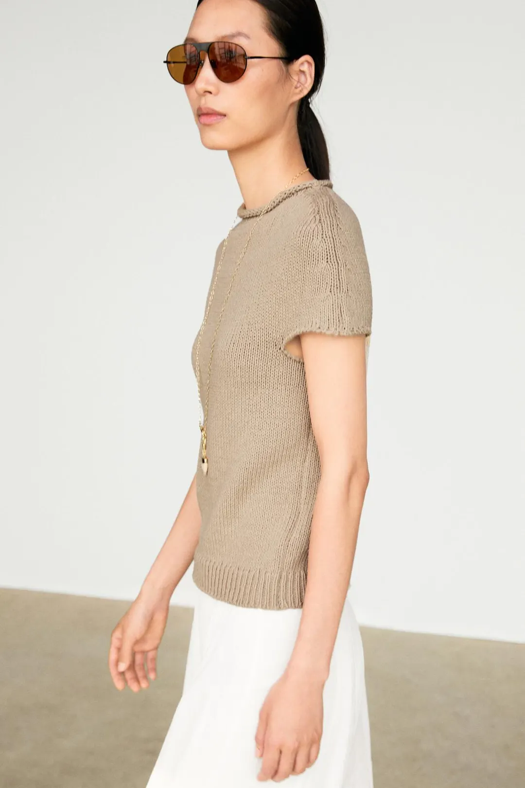 Свитер с короткими рукавами и воротником-стойкой из смесового хлопка, Massimo Dutti