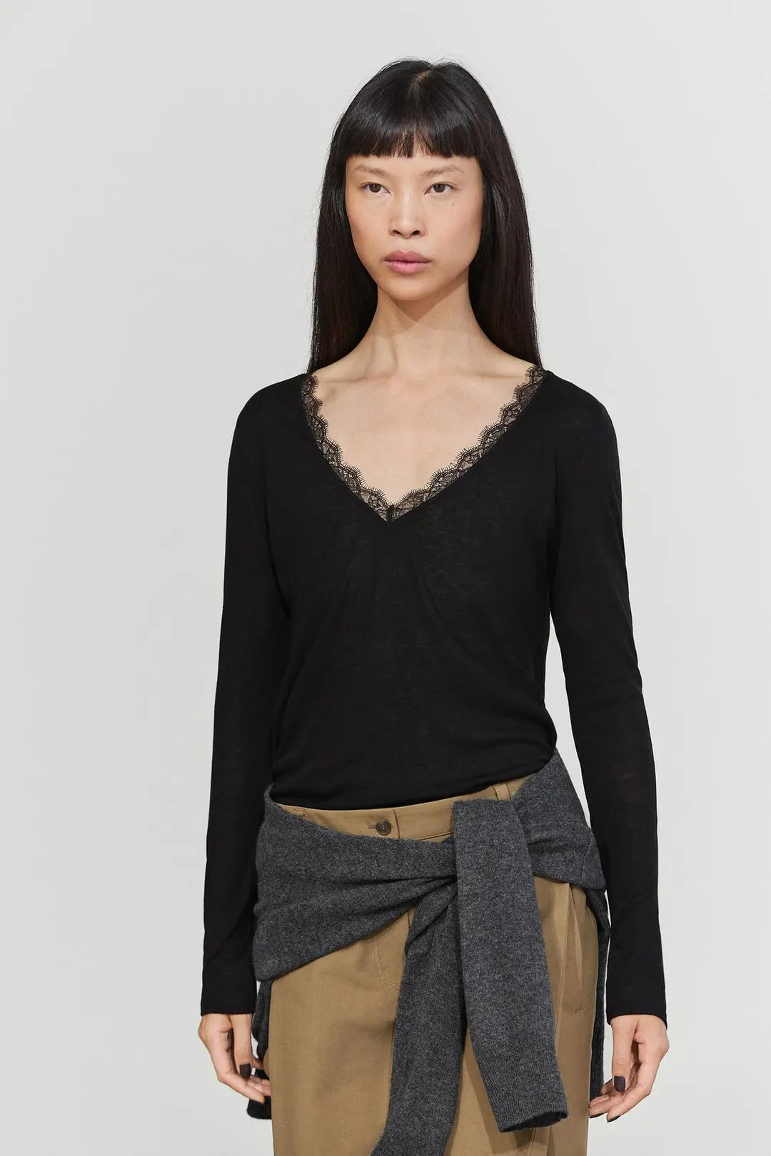Футболка с длинными рукавами и бельевой отделкой, Massimo Dutti
