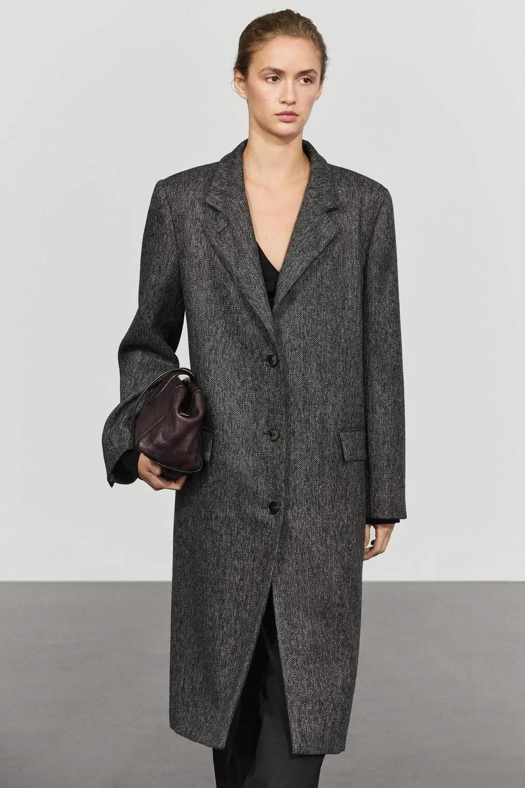 Пальто длинное из смесовой шерсти в елочку, Massimo Dutti