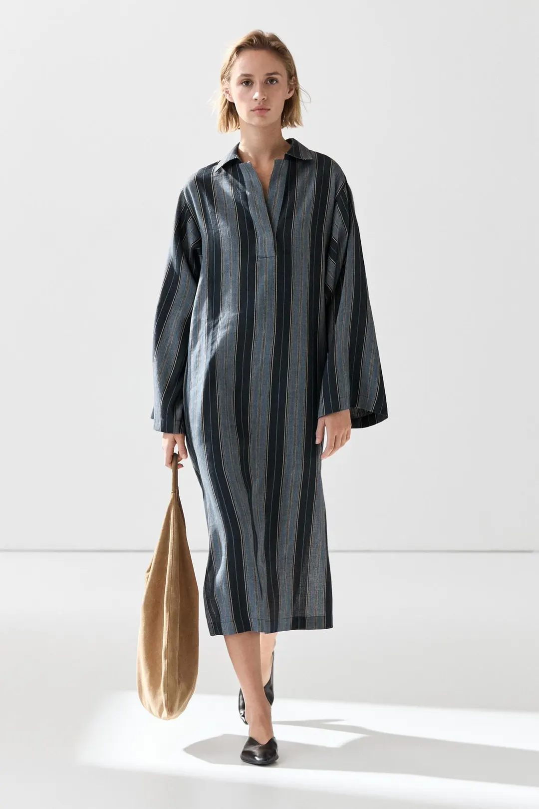Кафтан в полоску из смеси льна и хлопка, Massimo Dutti