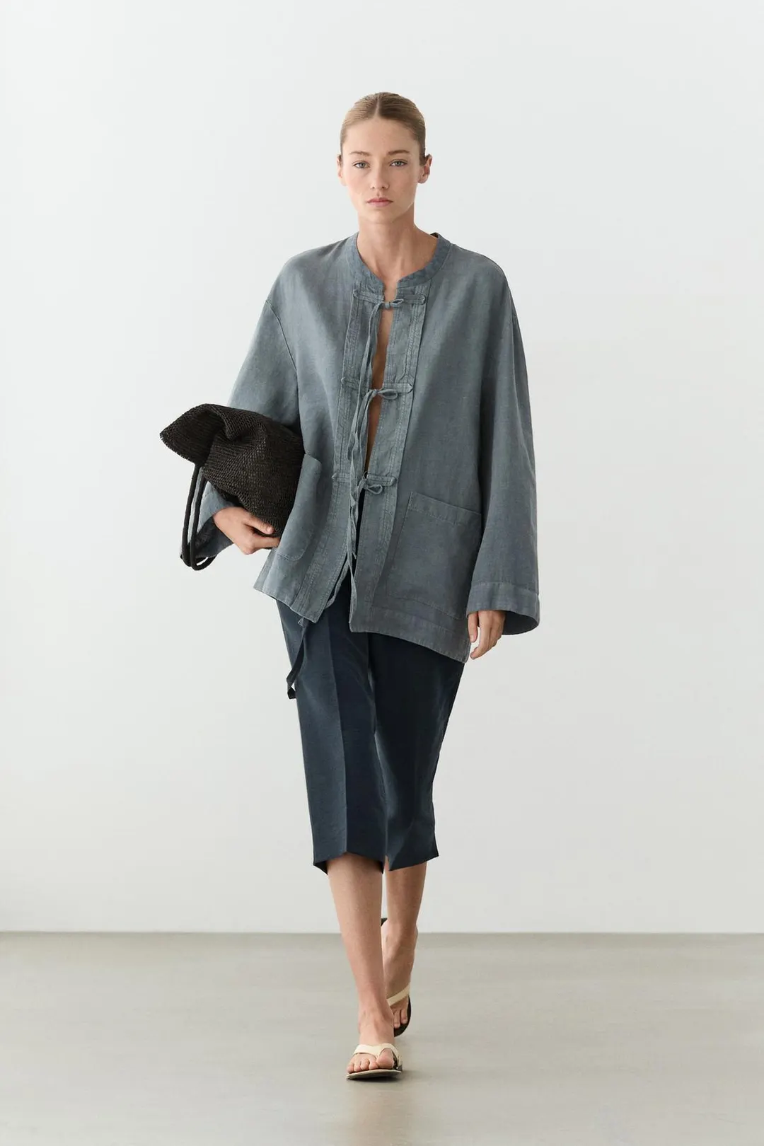 Жакет с запахом из 100% льна с завязками, Massimo Dutti