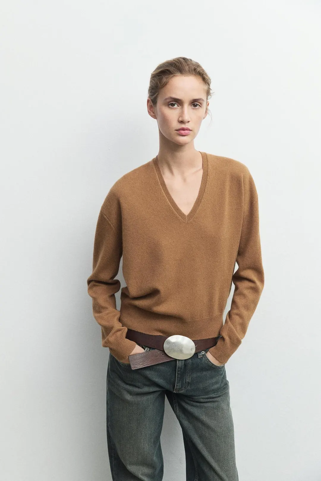 Свитер вязаный с V-образным вырезом из смесовой шерсти, Massimo Dutti