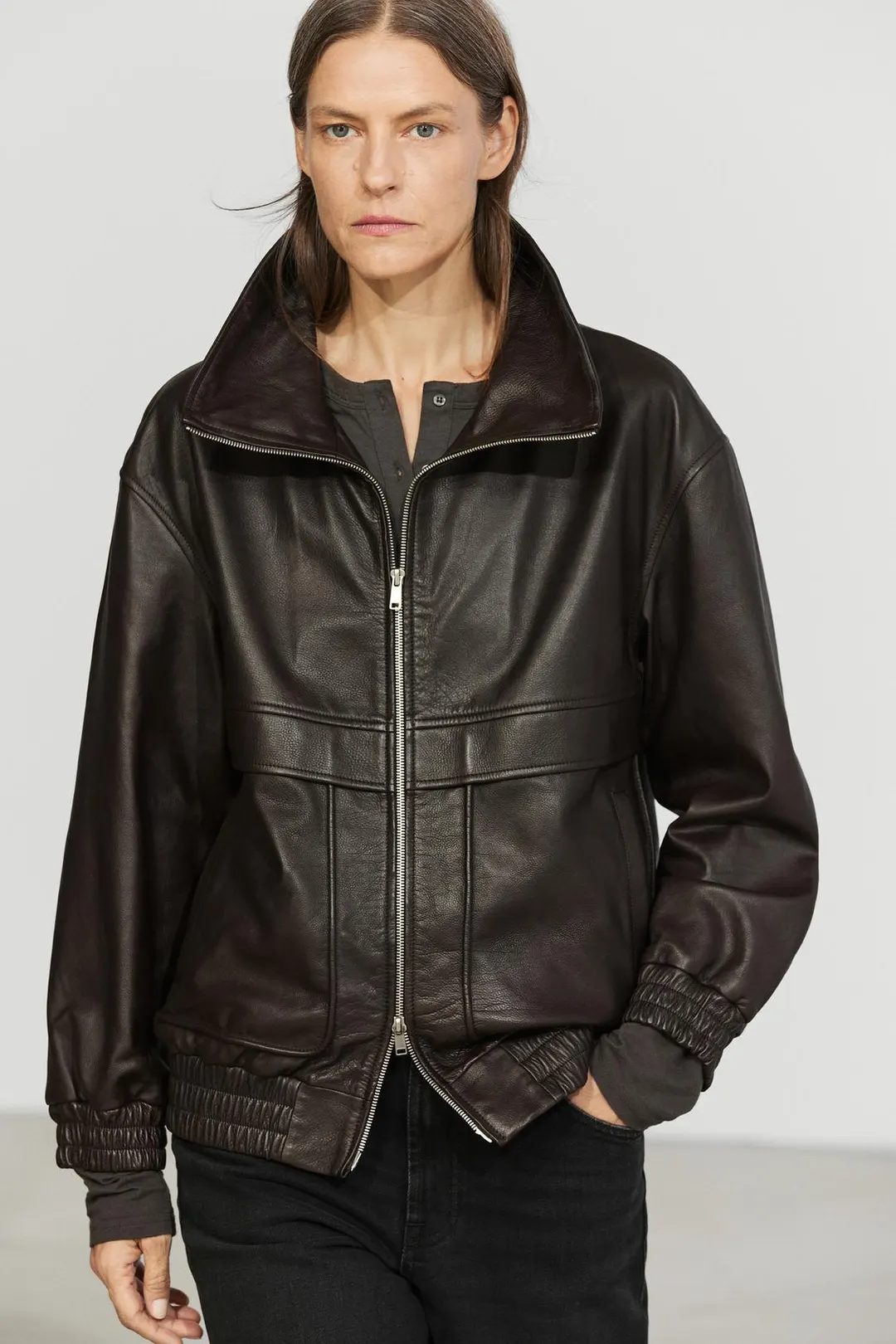 Бомбер из кожи наппа на молнии, Massimo Dutti