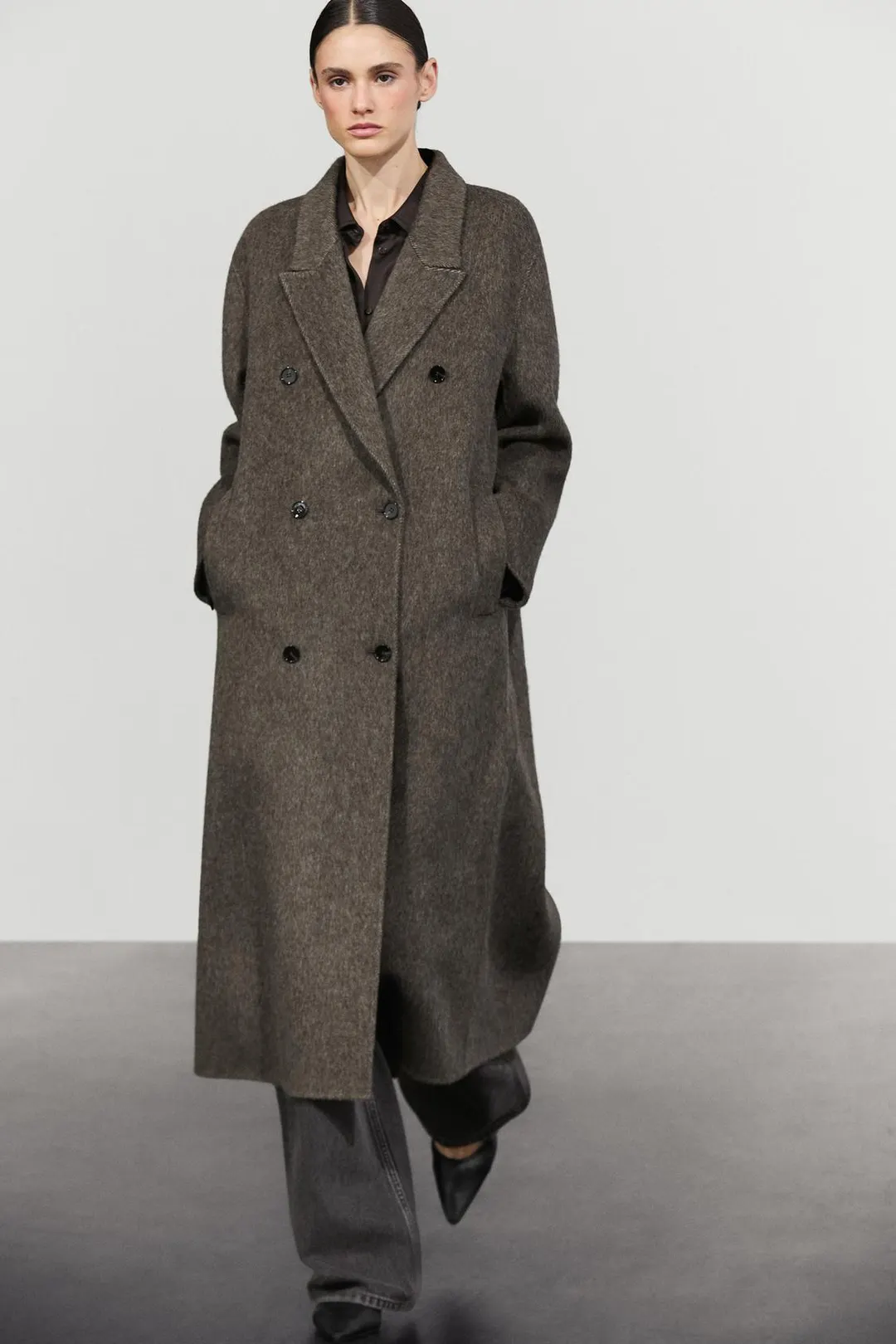Длинное двубортное пальто из смесовой шерсти, Massimo Dutti