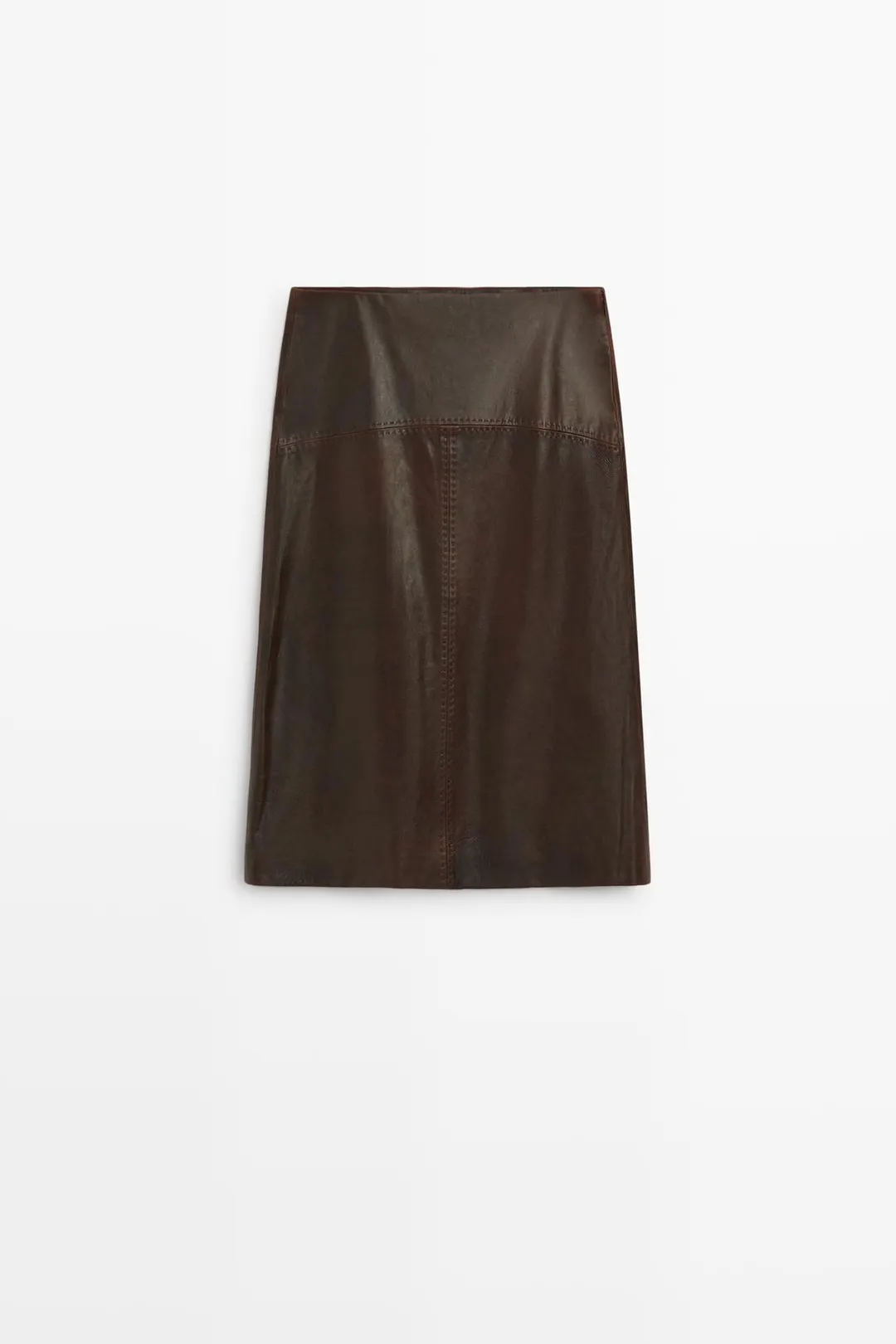 Прямая юбка миди из кожи наппа с декоративными швами, Massimo Dutti