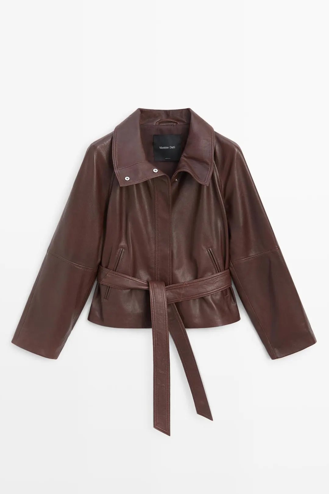 Укороченная куртка из кожи наппа с поясом, Massimo Dutti
