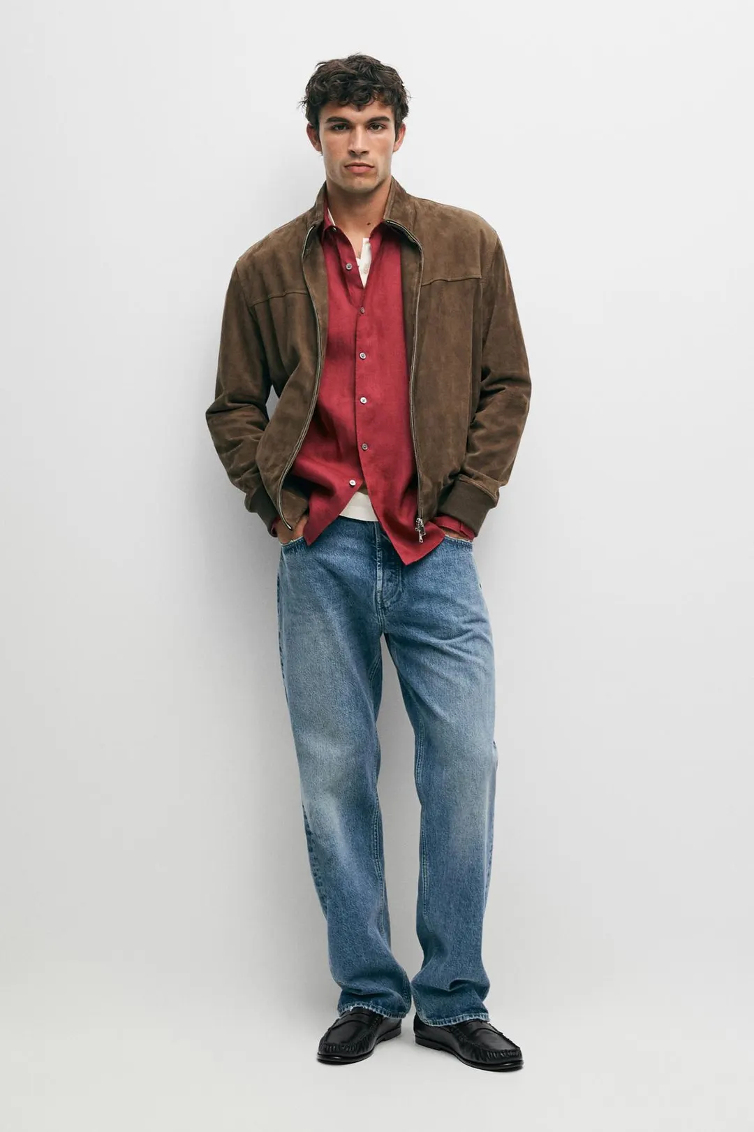 Бомбер комбинированный из замши, Massimo Dutti