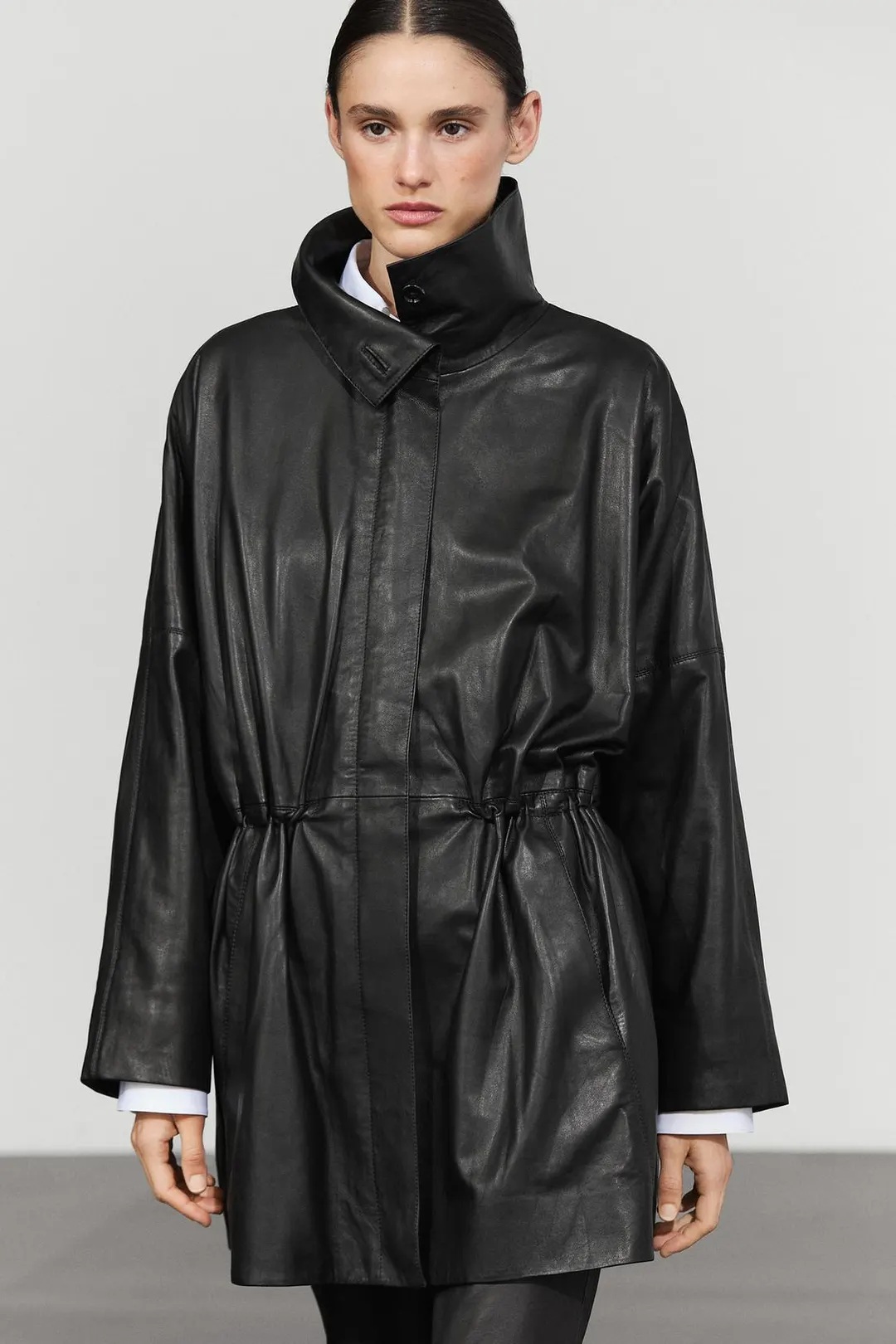 Парка из кожи наппа со сборками, Massimo Dutti