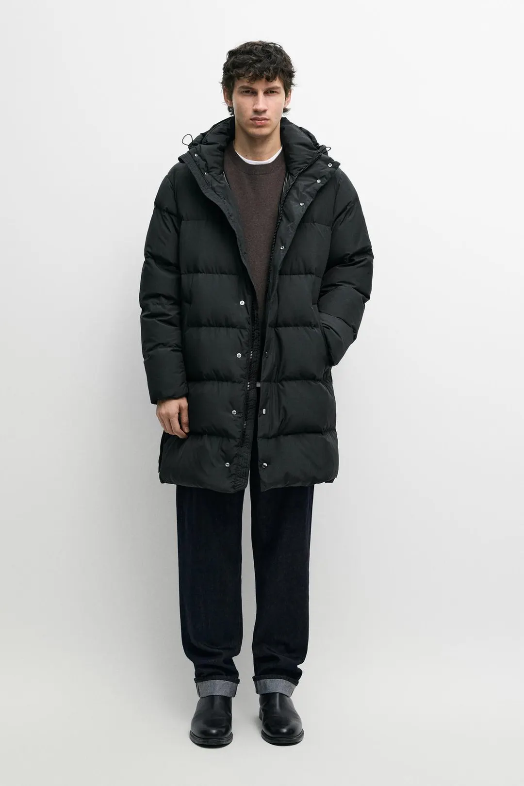 Длинный пуховик с капюшоном, Massimo Dutti