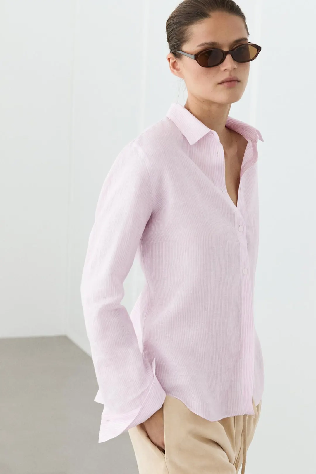 Рубашка из 100% льна с деталями в полоску, Massimo Dutti
