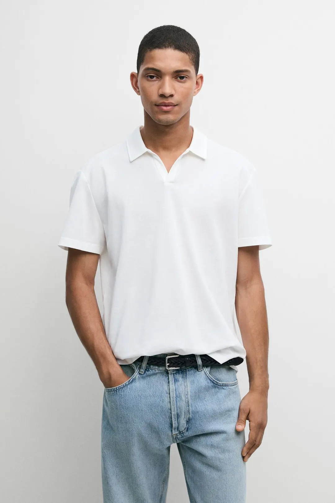 Поло из микротекстурированного пике с V-образным вырезом, Massimo Dutti
