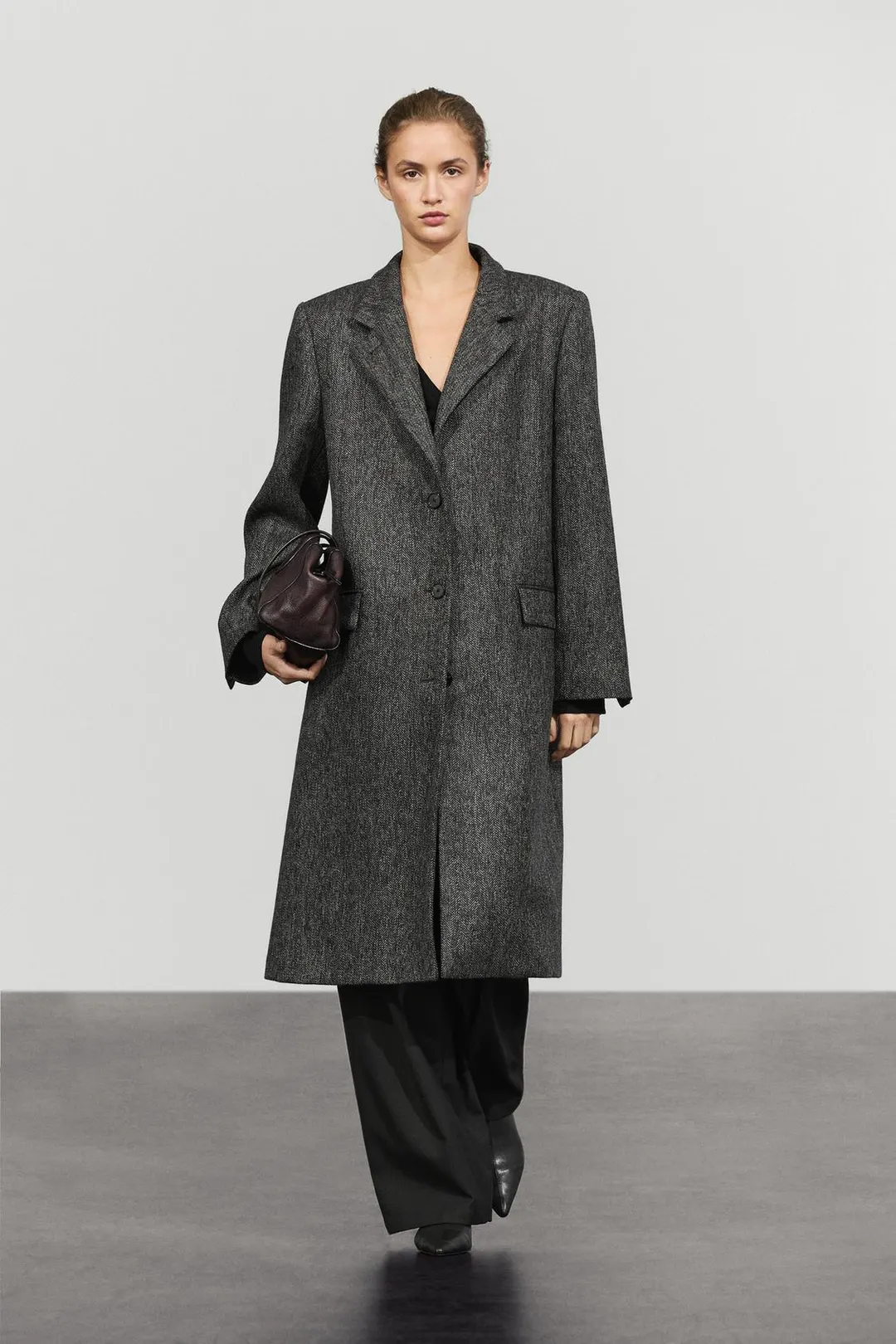 Пальто длинное из смесовой шерсти в елочку, Massimo Dutti