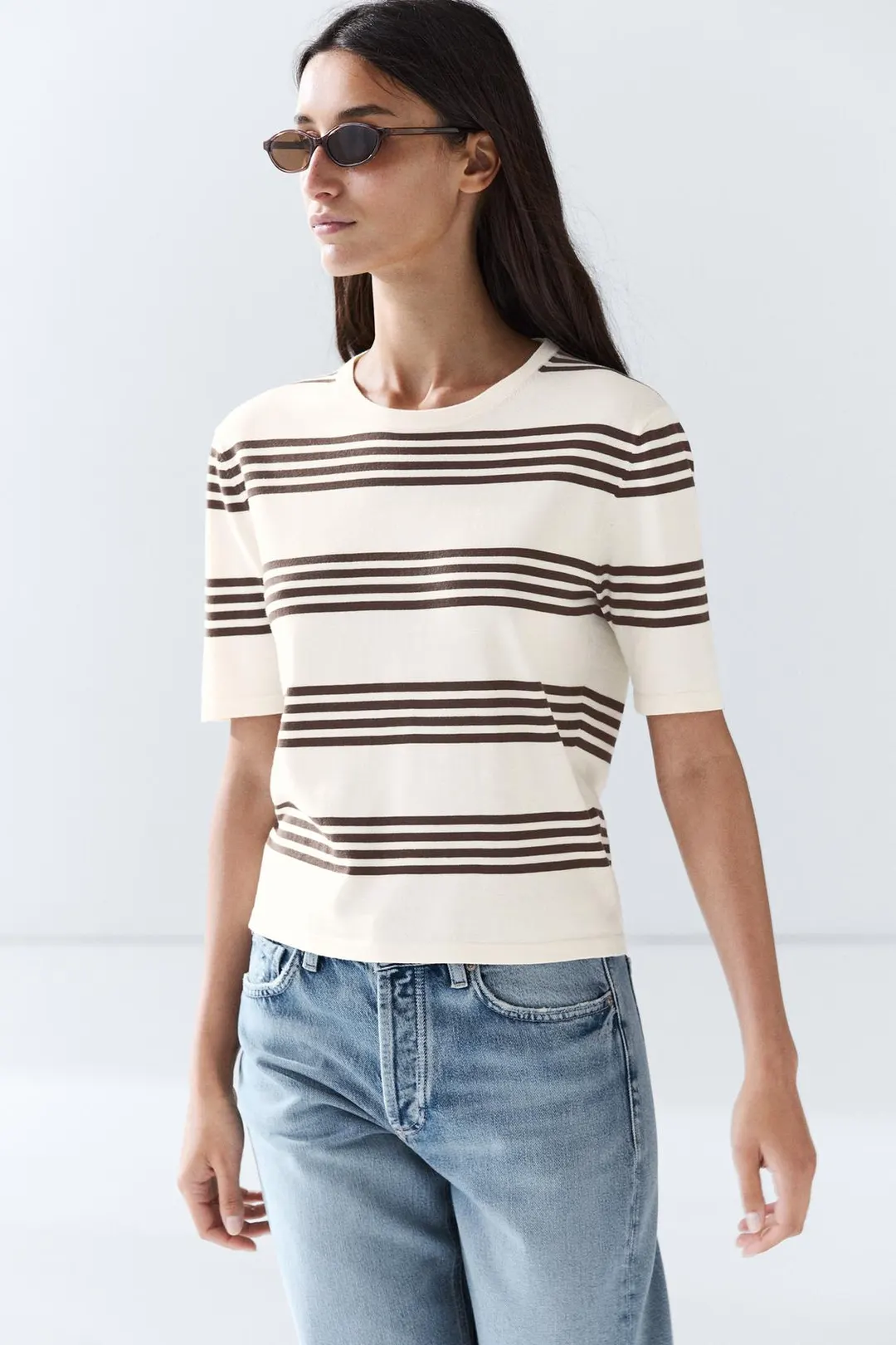 Свитер вязаный в полоску с короткими рукавами, Massimo Dutti