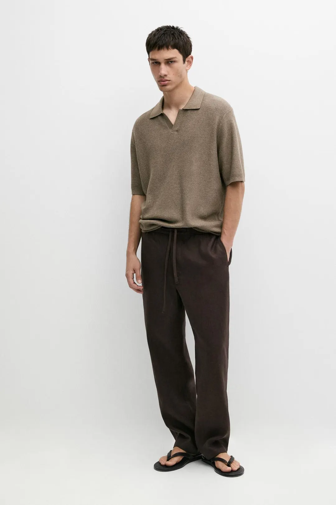 Вязаное поло из смесового хлопка с V-образным вырезом, Massimo Dutti