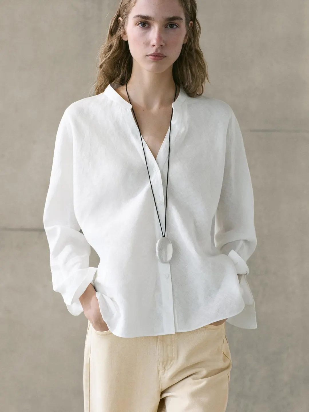 Рубашка из 100% льна с воротником-стойкой, Massimo Dutti