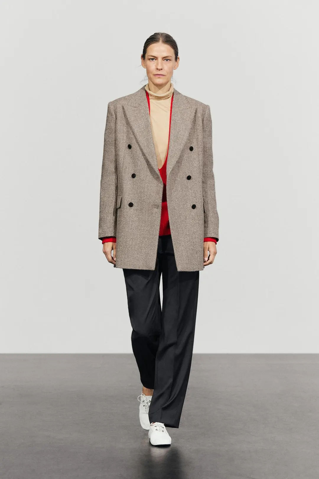 Пальто двубортное средней длины в елочку, Massimo Dutti