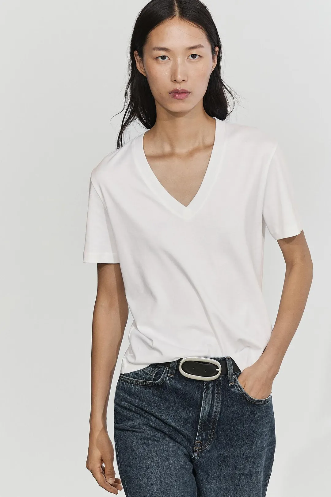 Футболка из интерлока из 100% хлопка с V-образным вырезом, Massimo Dutti