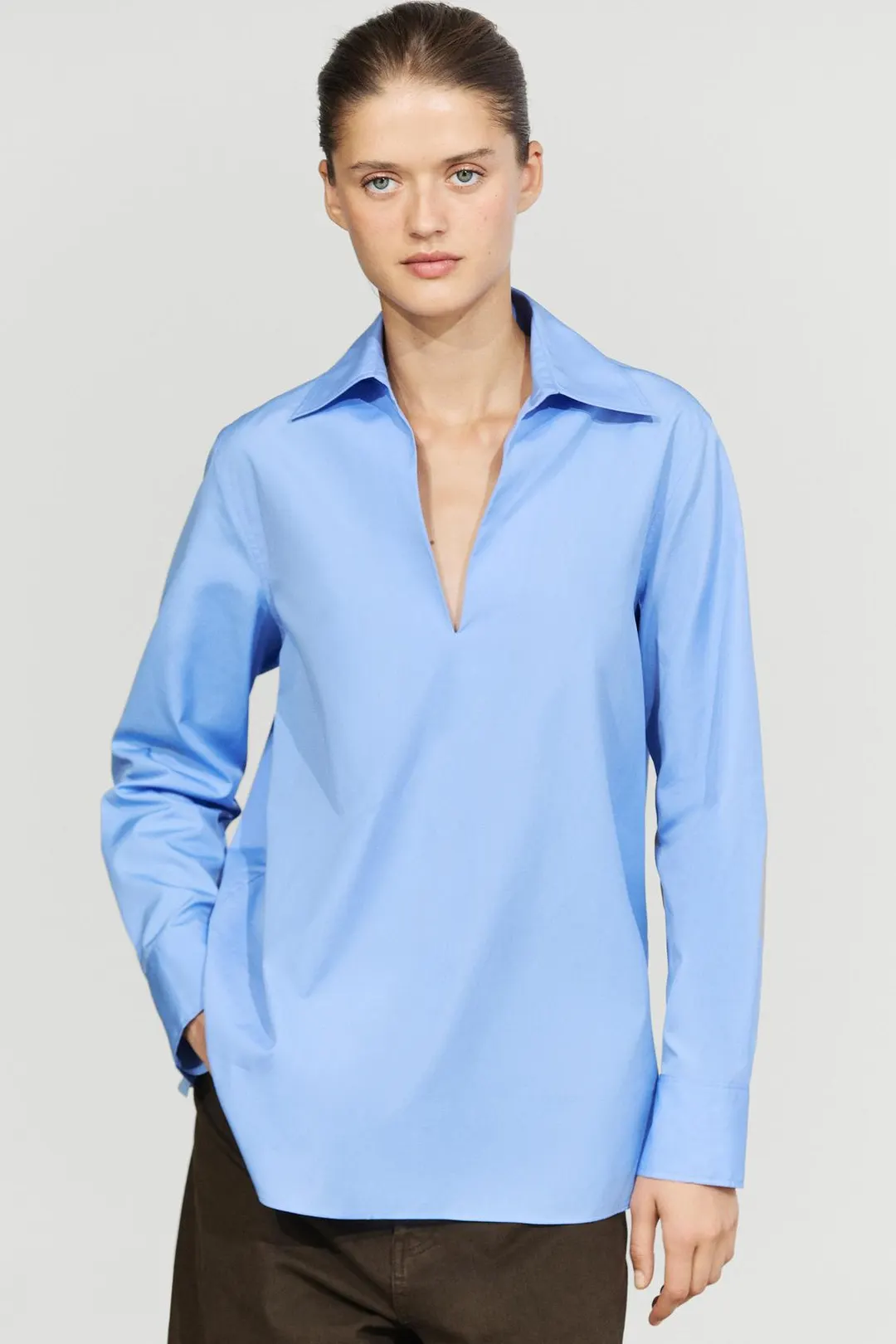 Блузка из хлопкового поплина с V-образным вырезом, Massimo Dutti