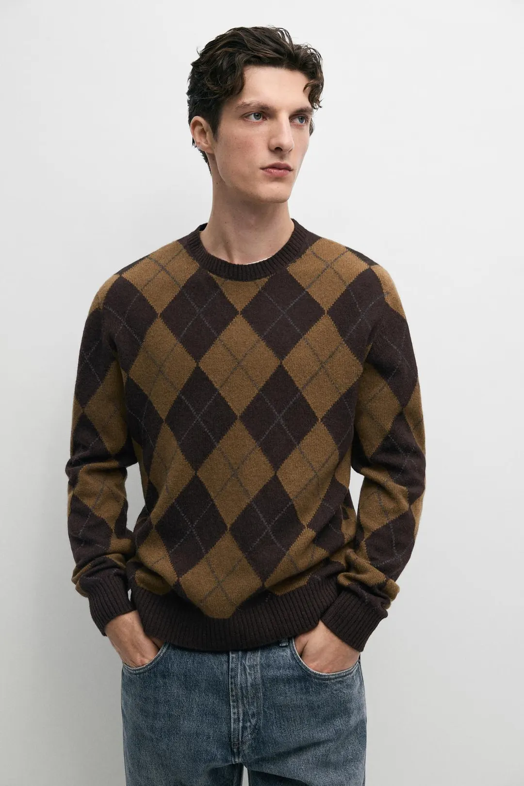 Свитер вязаный из 100% шерсти с ромбовидным узором, Massimo Dutti
