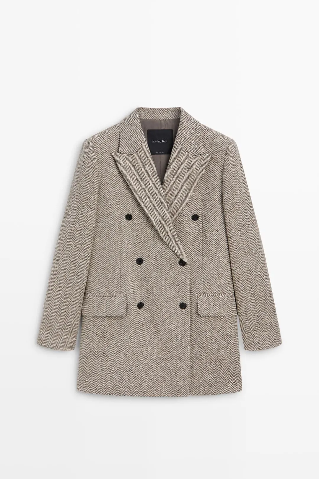 Пальто двубортное средней длины в елочку, Massimo Dutti