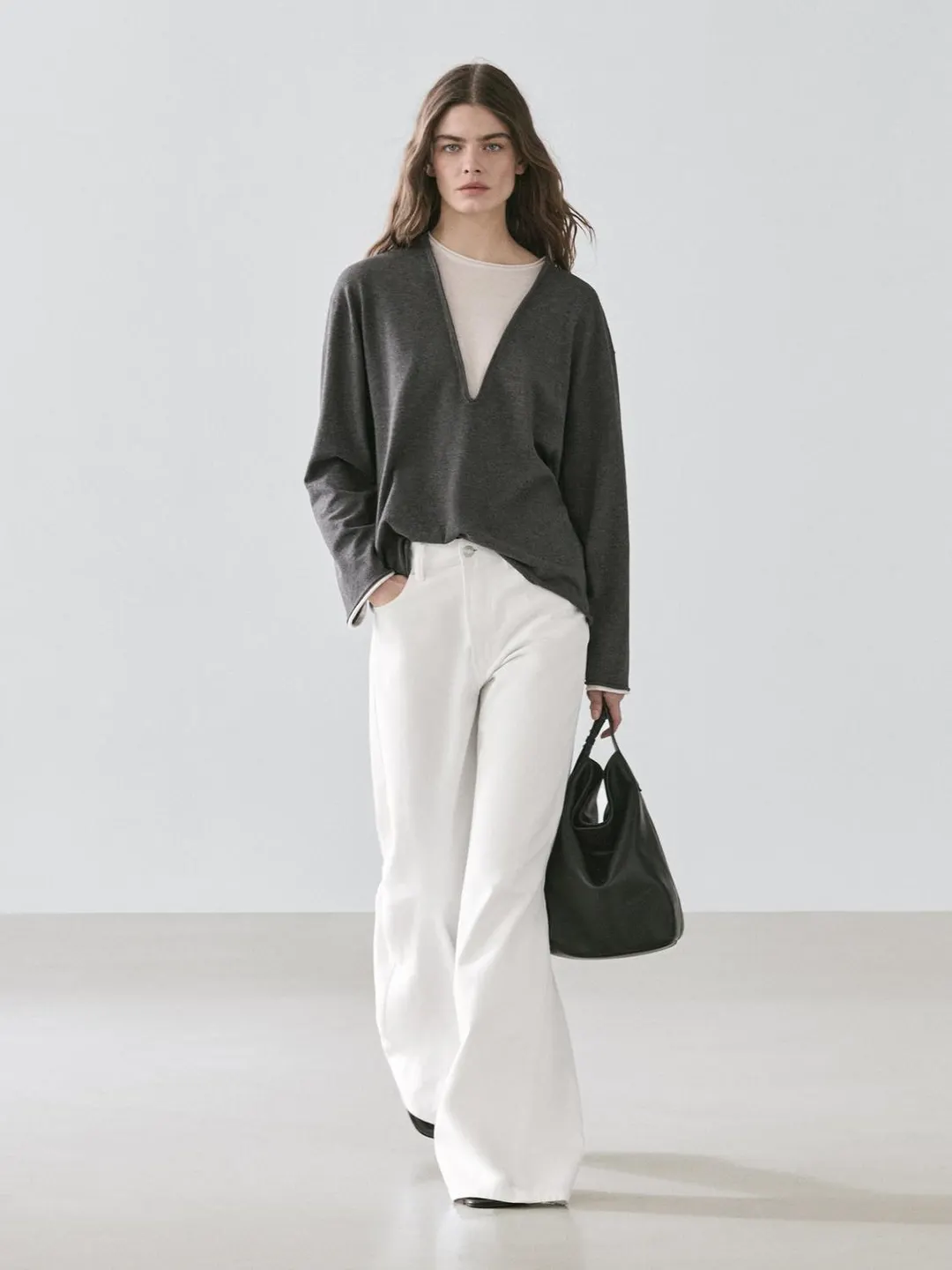 Свитер вязаный из смесового хлопка с контрастной тканью, Massimo Dutti