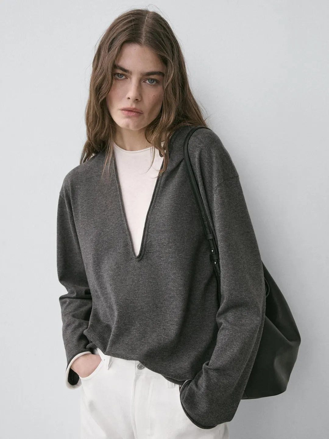 Свитер вязаный из смесового хлопка с контрастной тканью, Massimo Dutti