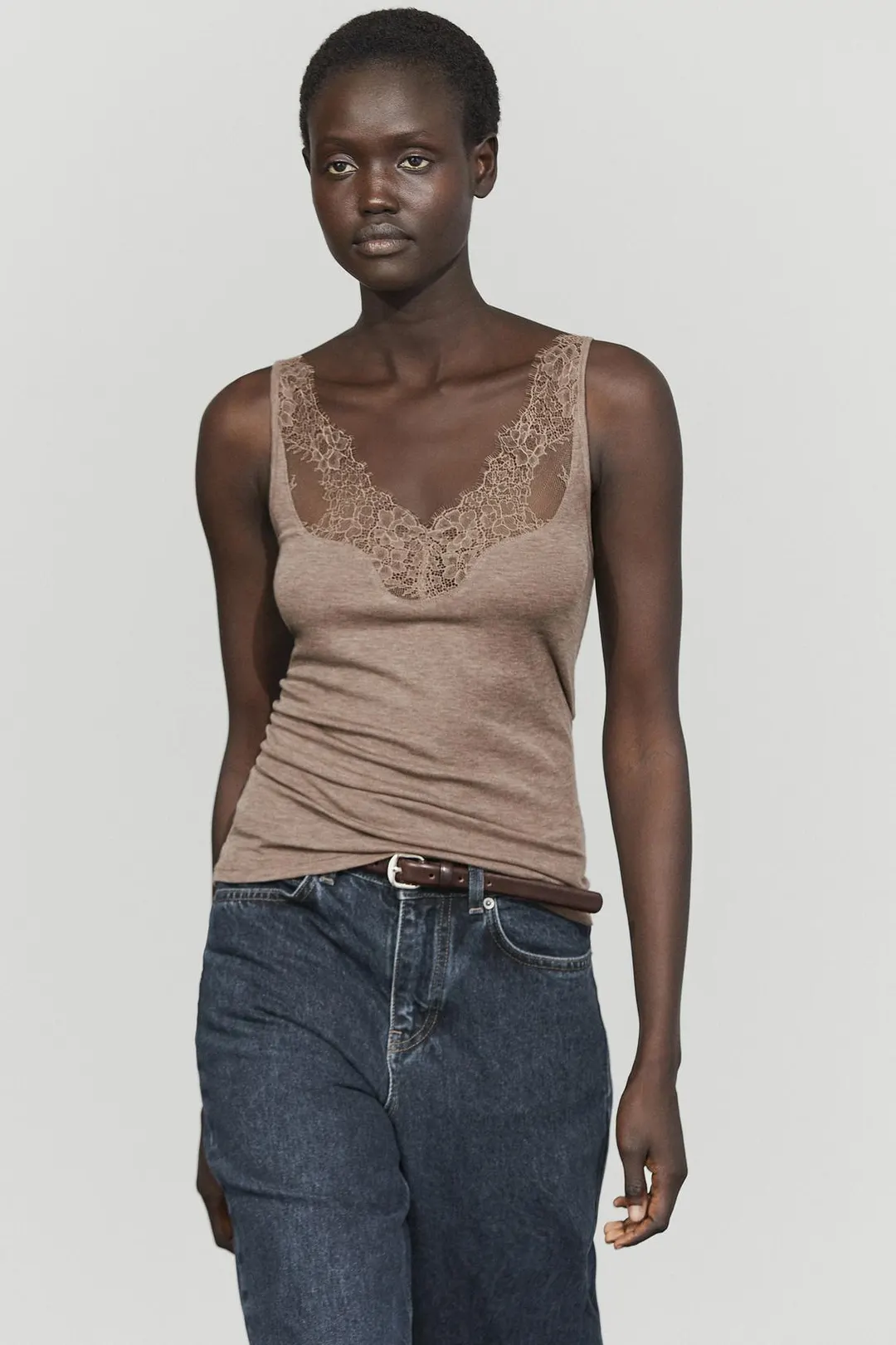 Топ на бретелях с кружевной отделкой, Massimo Dutti