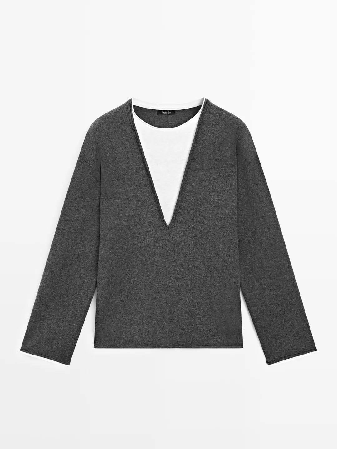 Свитер вязаный из смесового хлопка с контрастной тканью, Massimo Dutti