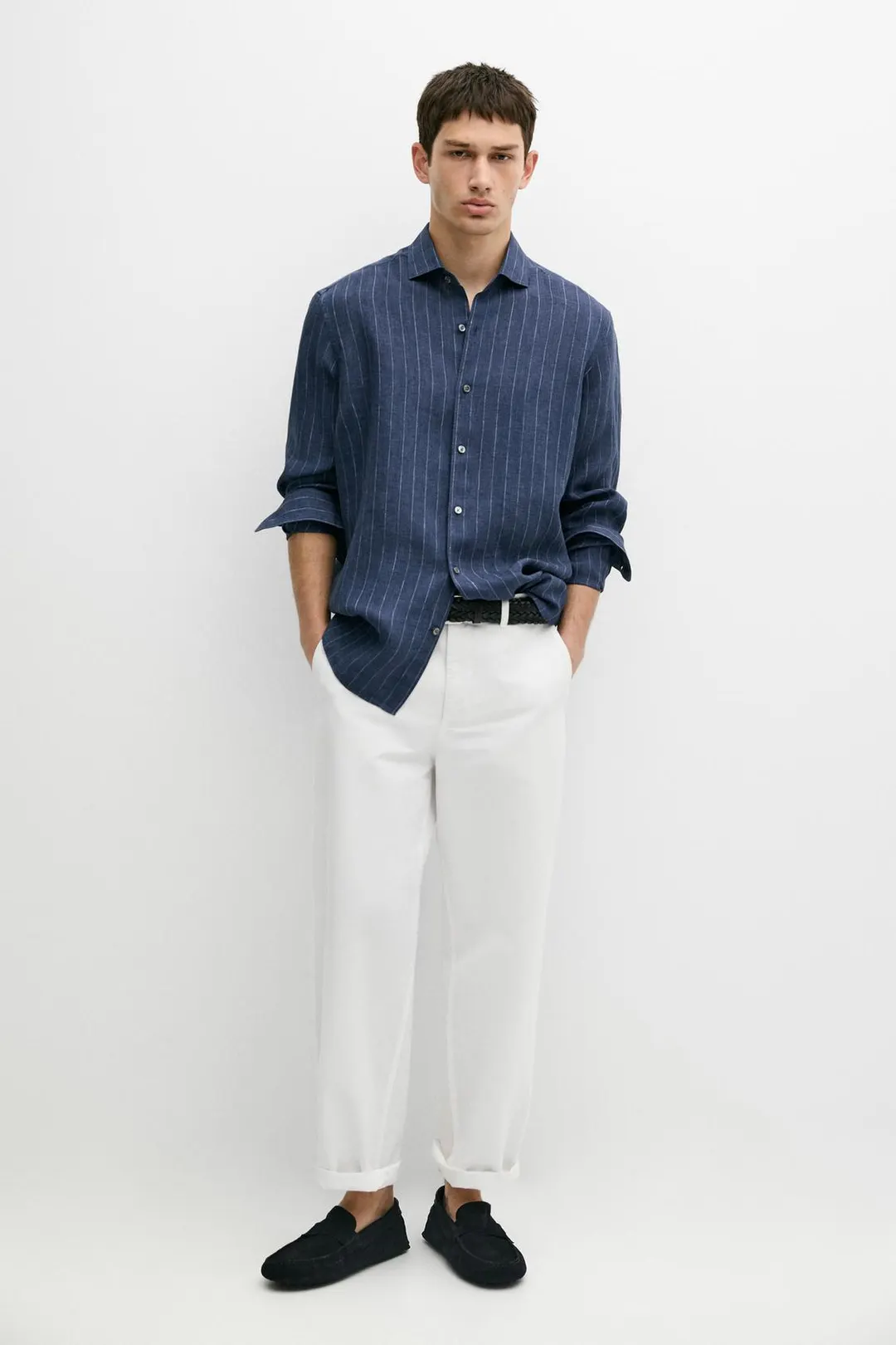 Рубашка прямого кроя в полоску из 100% льна делаве, Massimo Dutti