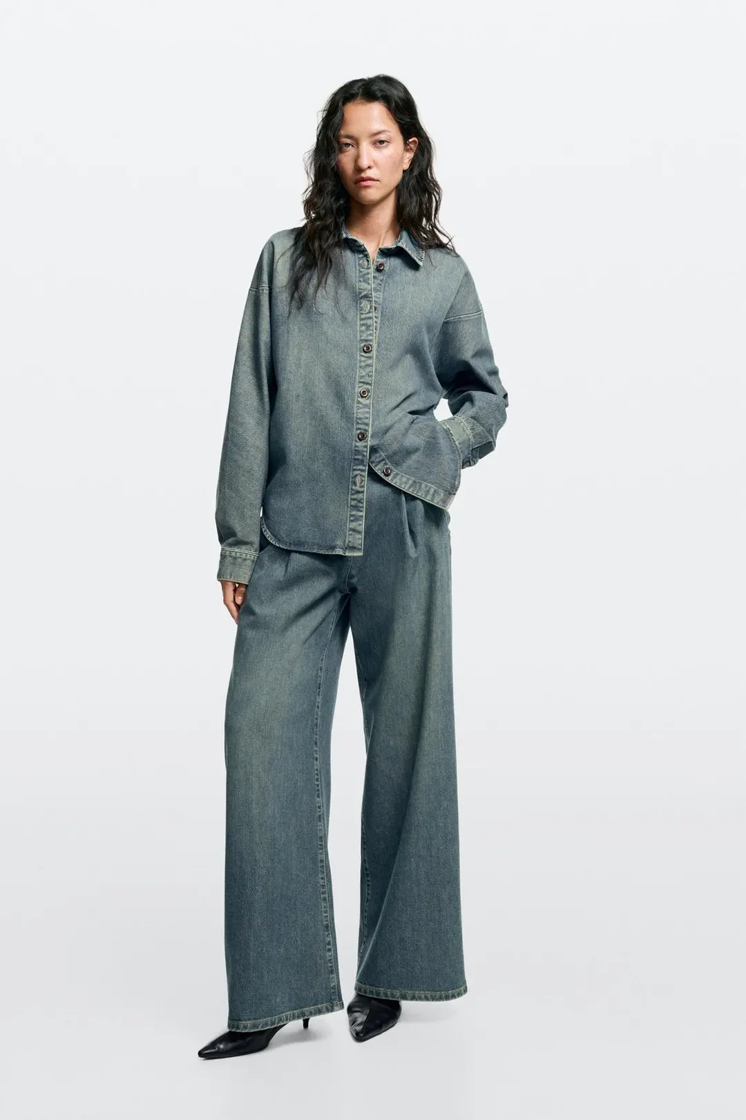 Джинсы широкие с высокой посадкой total look, Massimo Dutti
