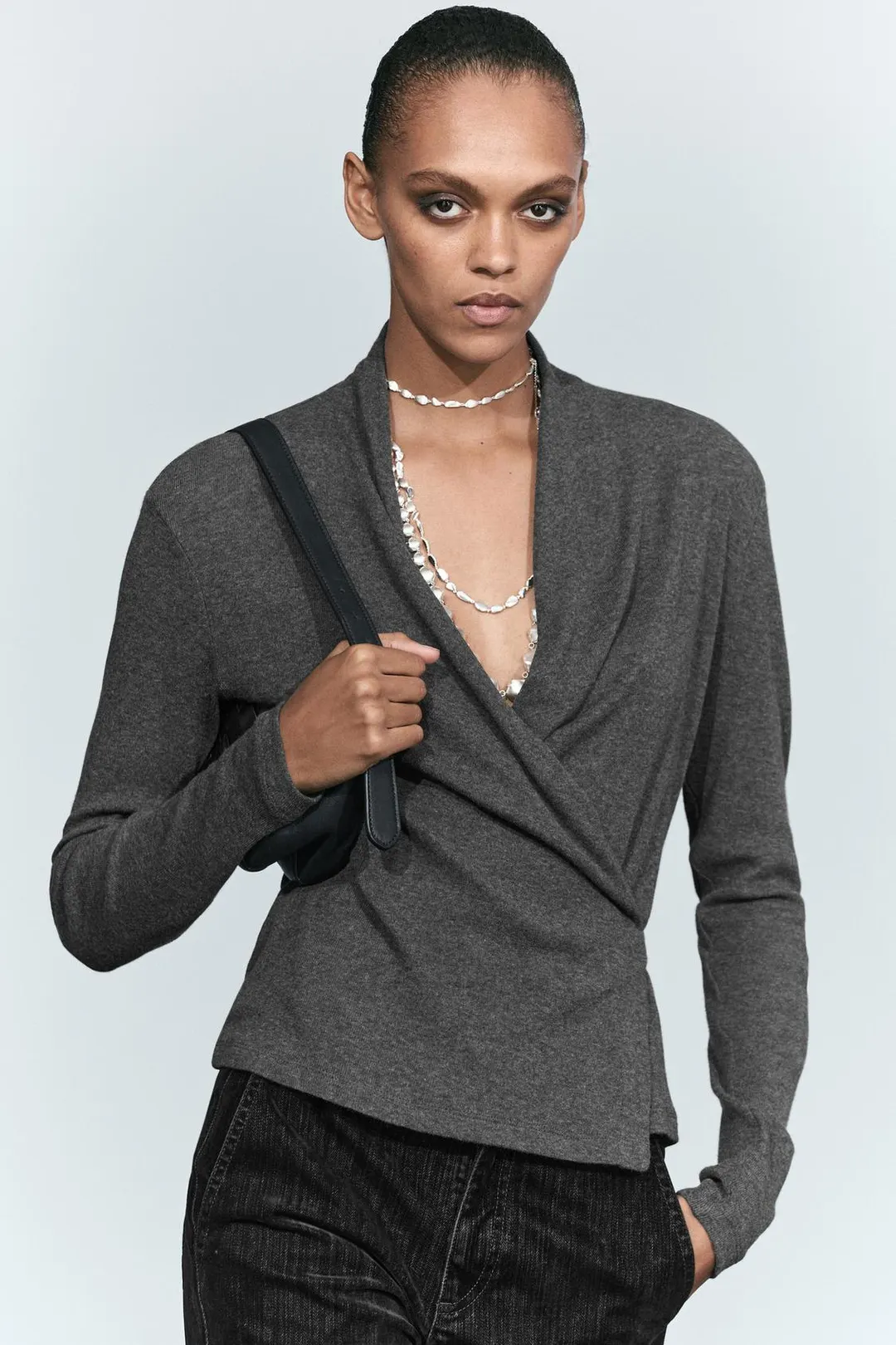 Футболка с запахом из смеси хлопка и кашемира, Massimo Dutti