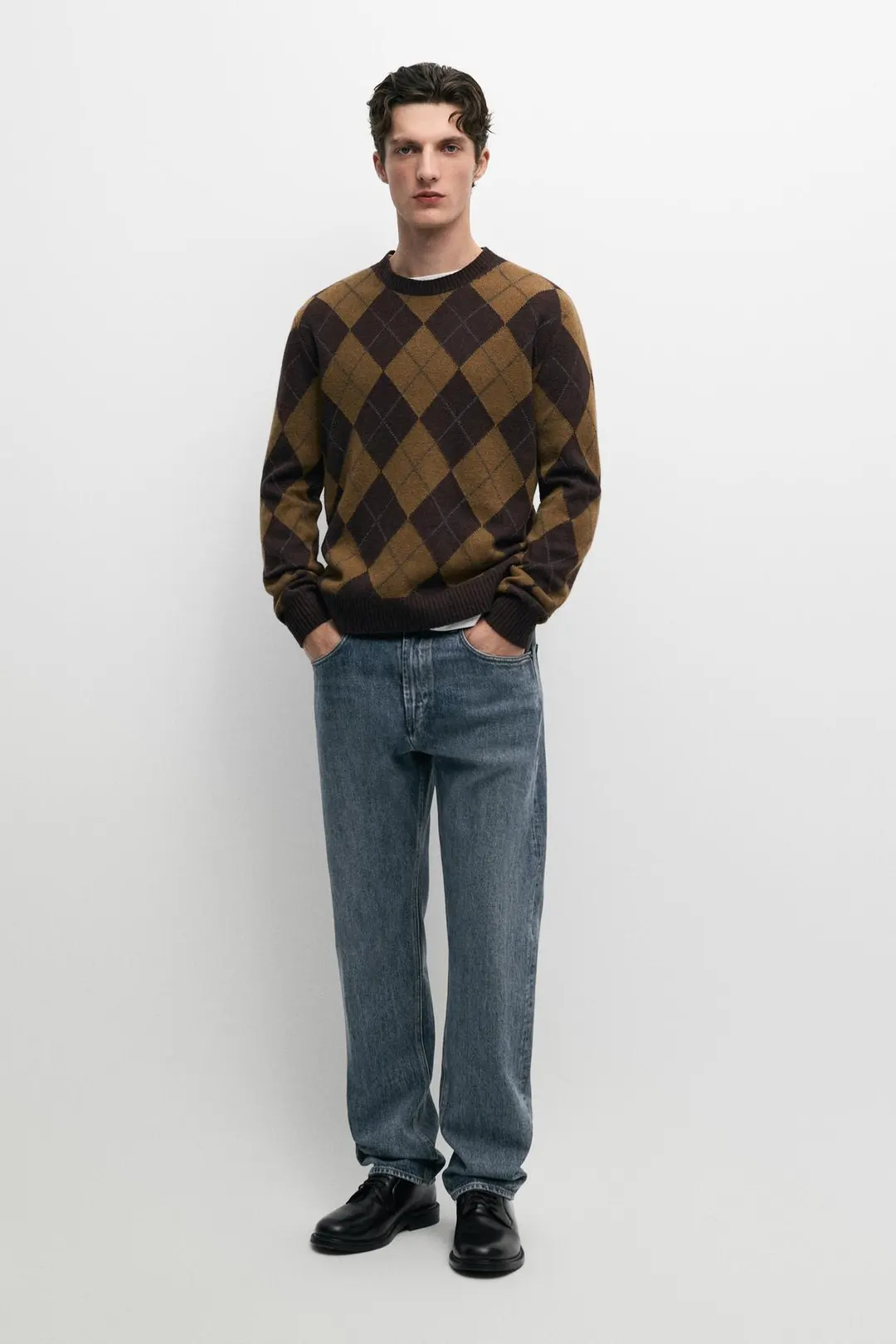 Свитер вязаный из 100% шерсти с ромбовидным узором, Massimo Dutti