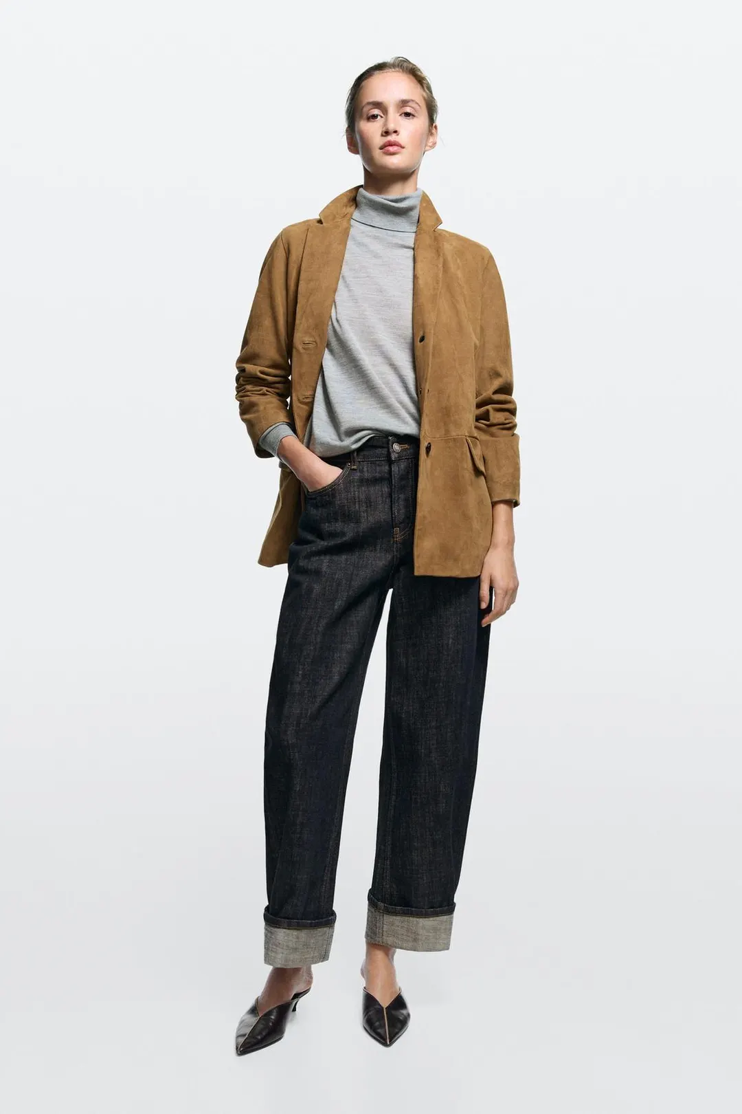 Джинсы-баллоны с высокой посадкой и отворотами, Massimo Dutti