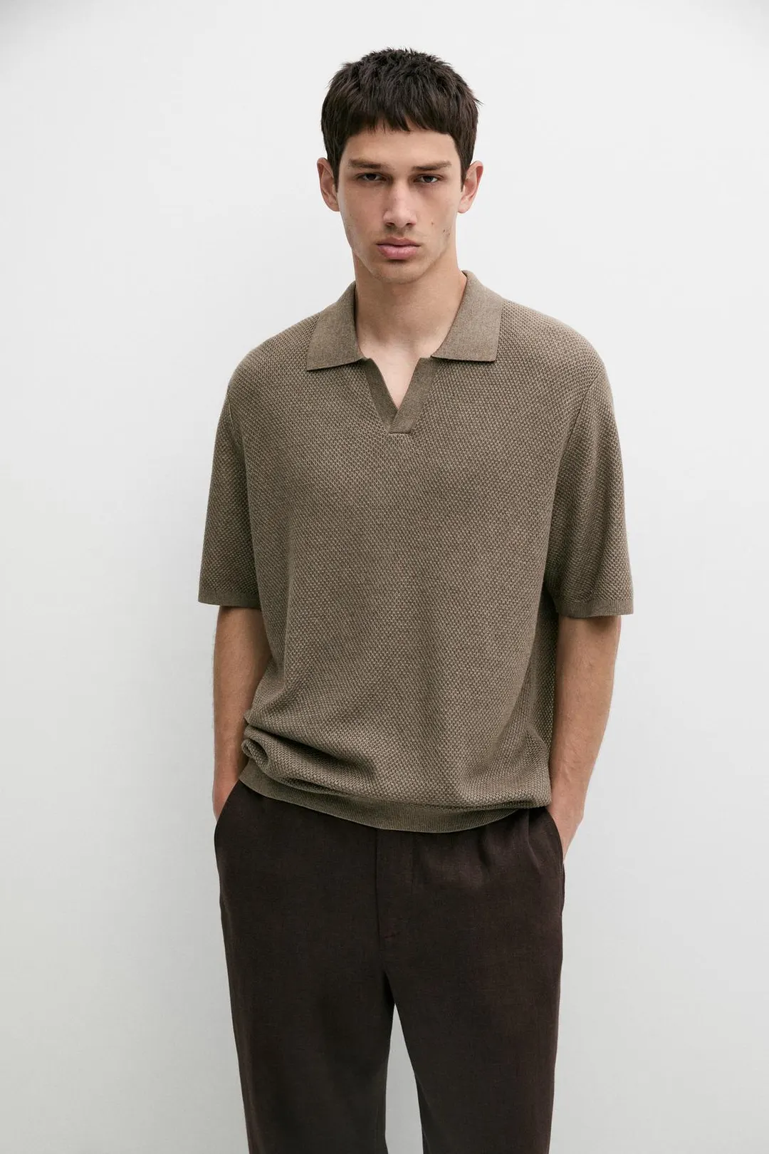 Вязаное поло из смесового хлопка с V-образным вырезом, Massimo Dutti
