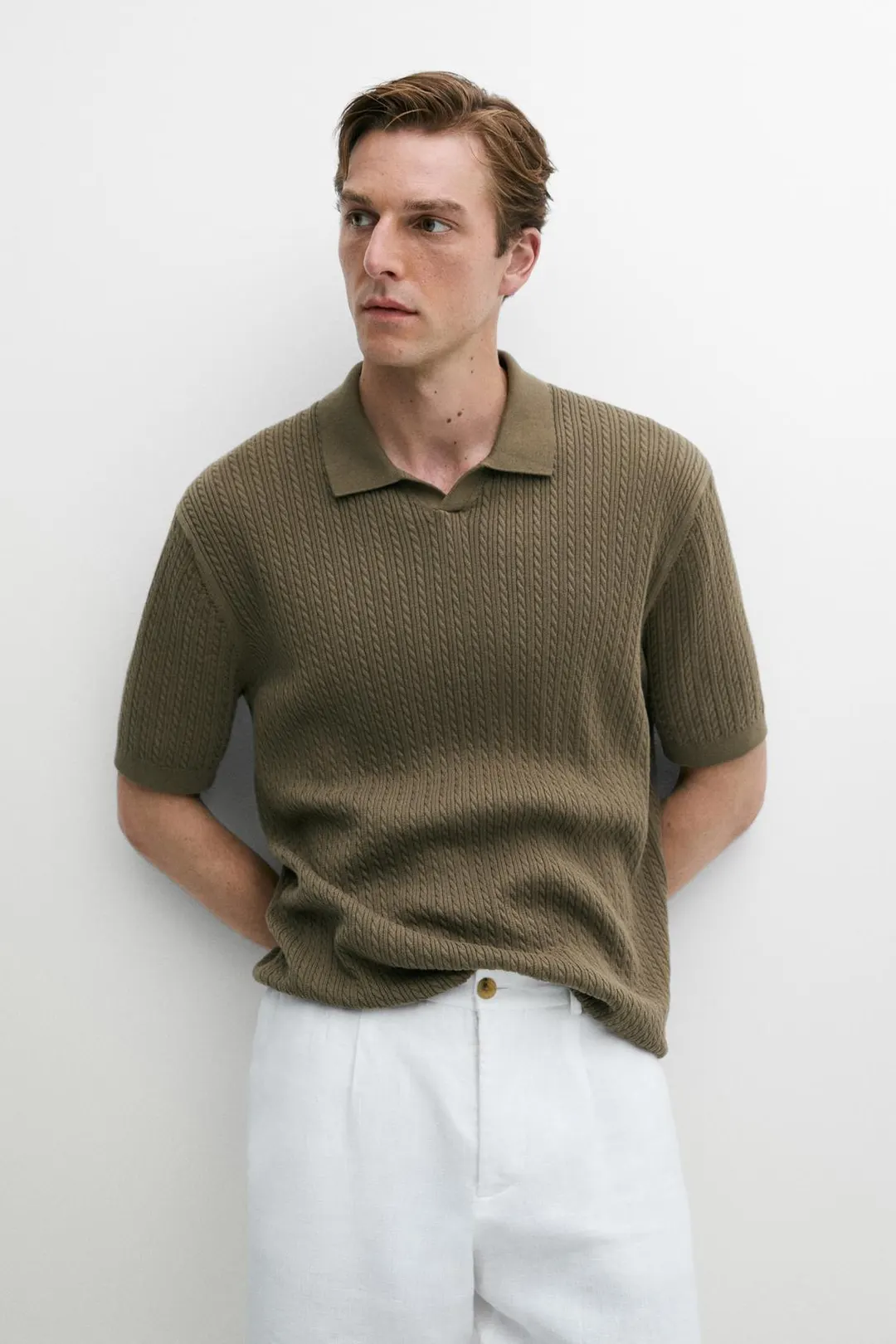 Вязаное поло из 100% хлопка с узором косы, Massimo Dutti