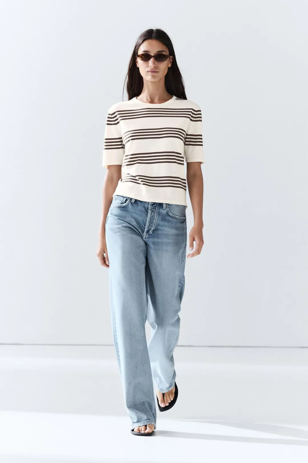 Свитер вязаный в полоску с короткими рукавами, Massimo Dutti