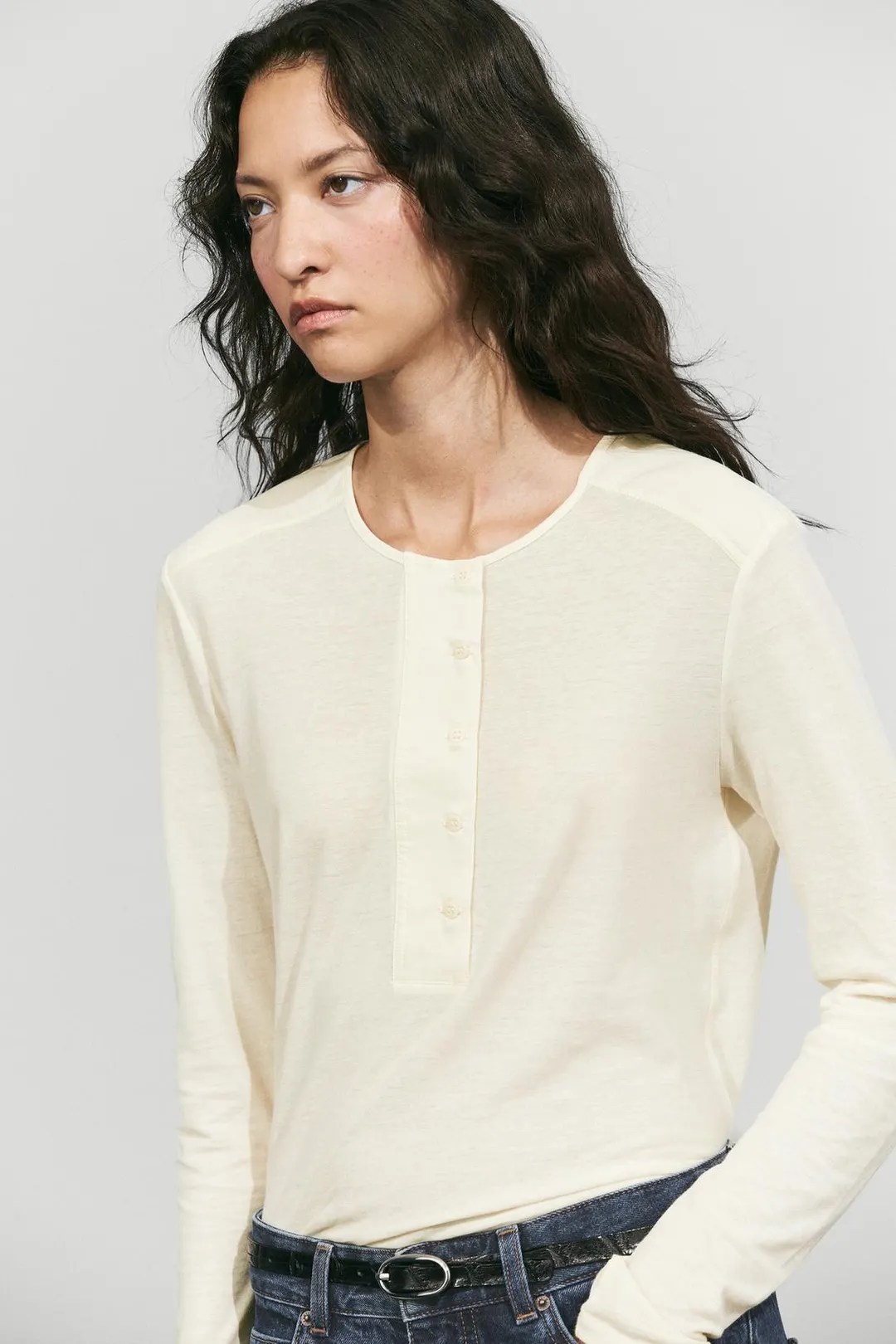 Лонгслив хенли из 100% хлопка с подплечниками, Massimo Dutti