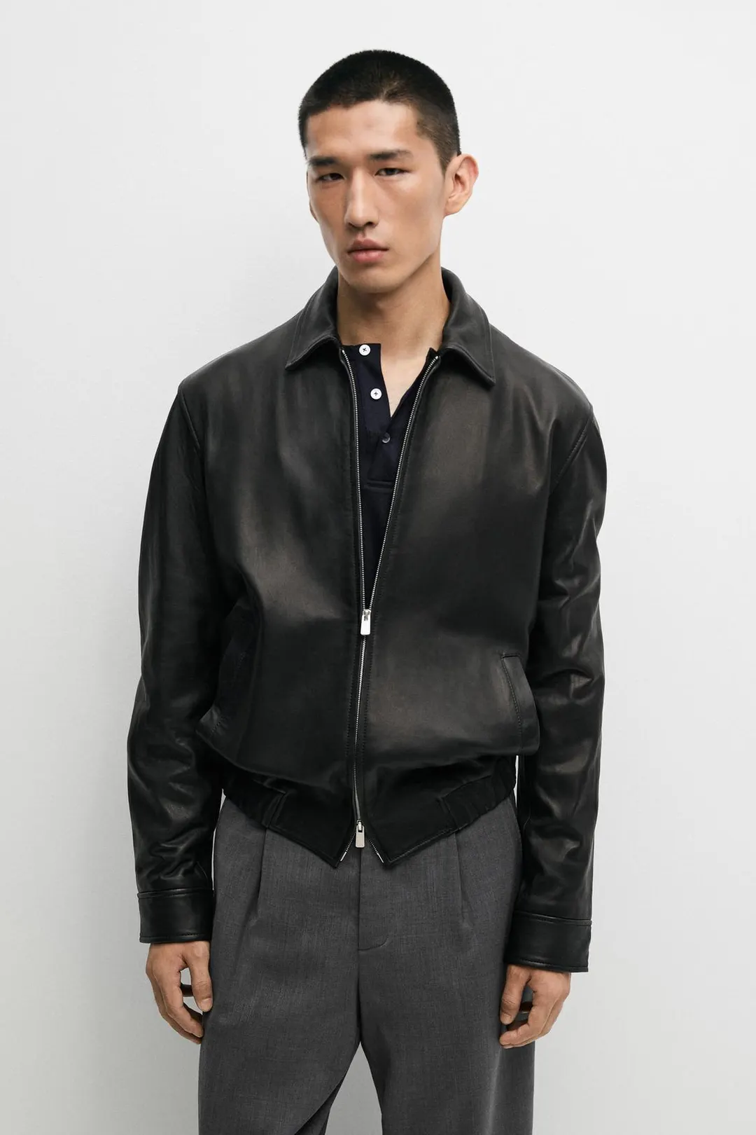 Куртка с воротником из кожи наппа, Massimo Dutti