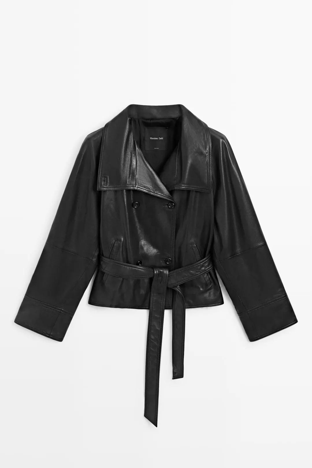 Укороченная кожаная куртка с поясом, Massimo Dutti