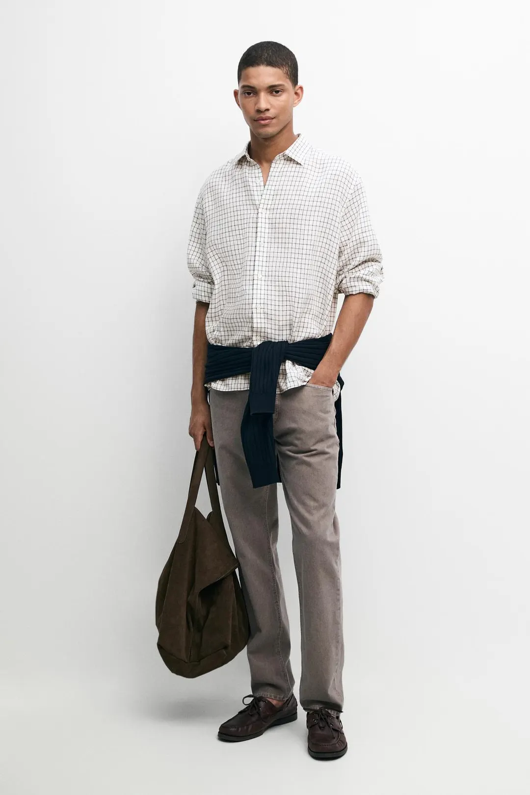 Рубашка прямого кроя из 100% льна в клетку, Massimo Dutti