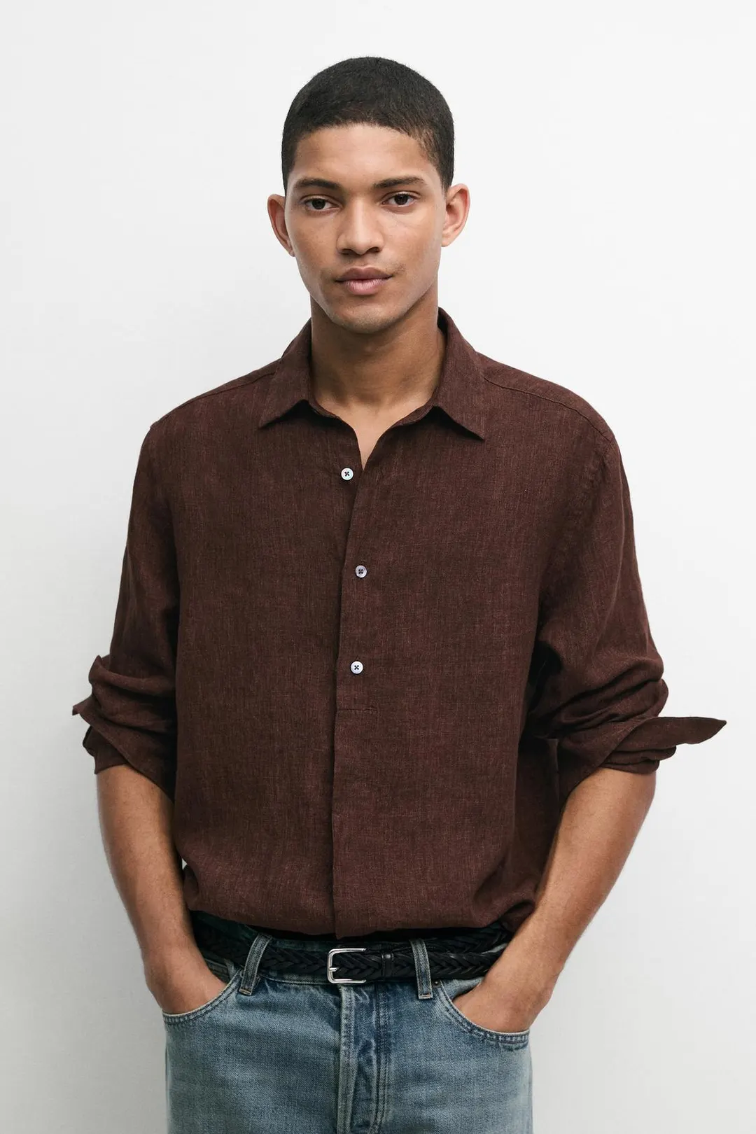 Рубашка прямого кроя из 100% льна с декоративными пуговицами, Massimo Dutti