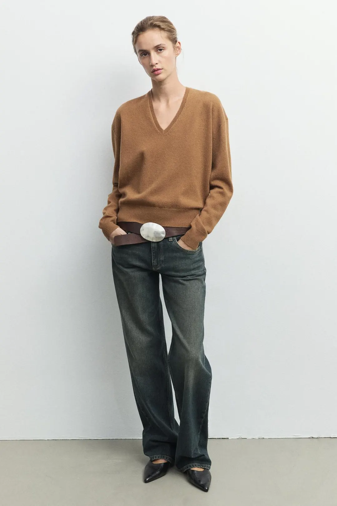 Свитер вязаный с V-образным вырезом из смесовой шерсти, Massimo Dutti