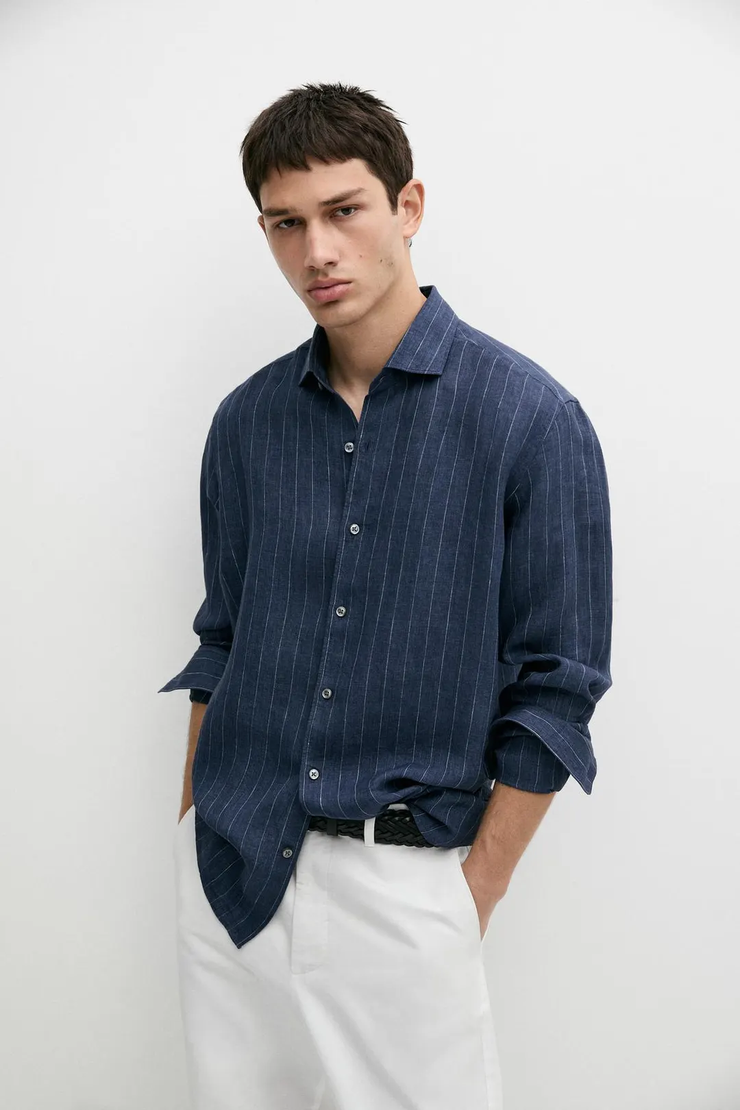 Рубашка прямого кроя в полоску из 100% льна делаве, Massimo Dutti