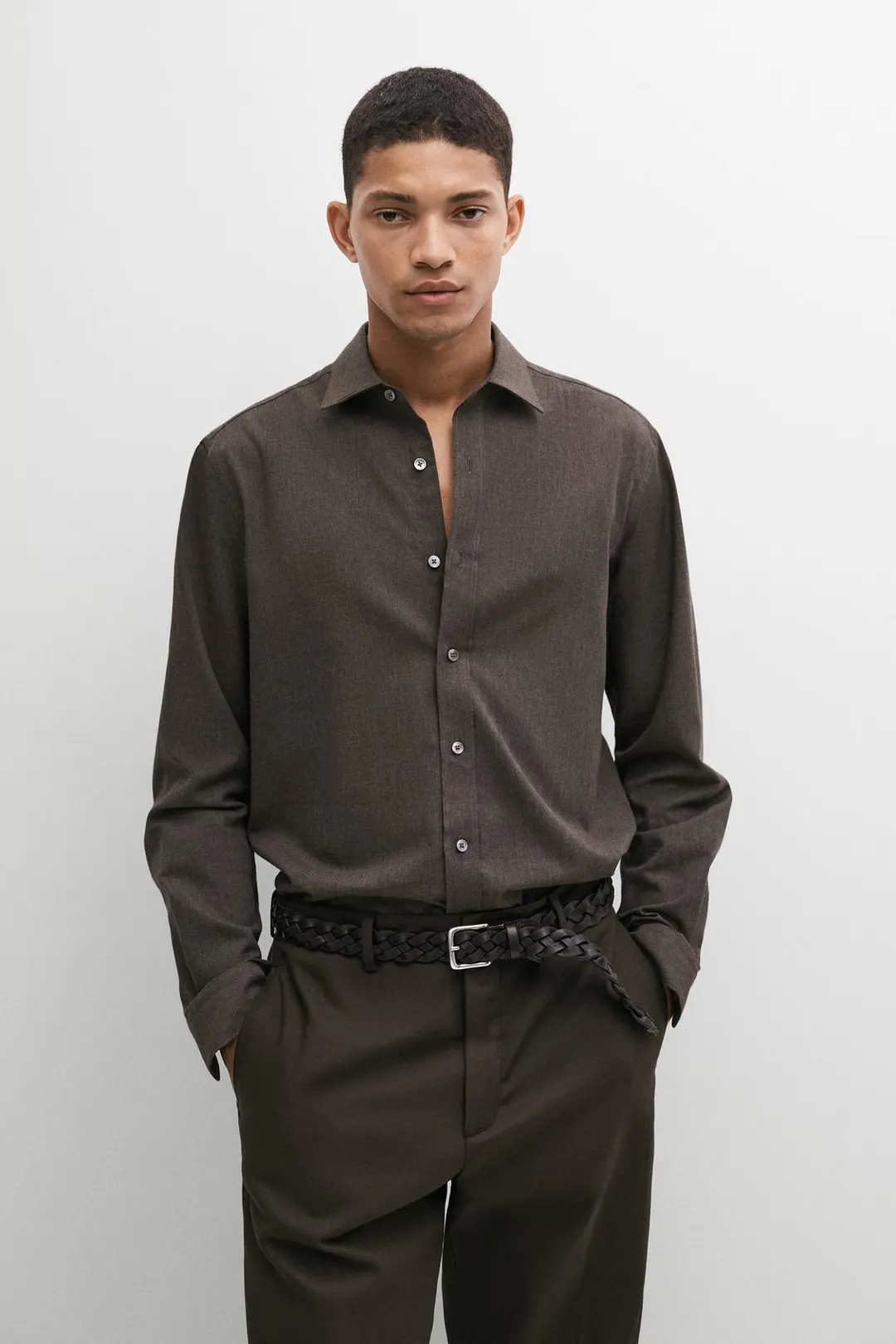 Рубашка прямого кроя из меланжевой саржи из 100% хлопка, Massimo Dutti