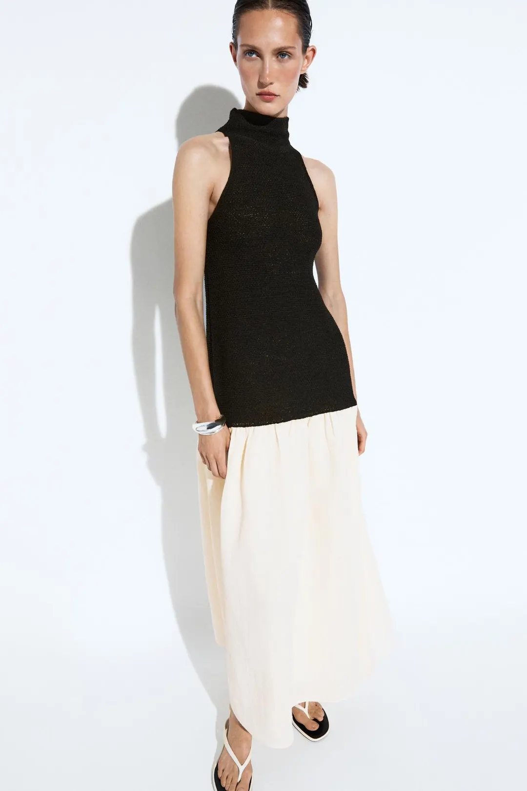 Платье комбинированное миди, Massimo Dutti