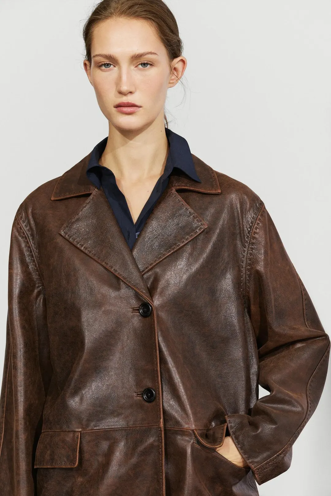 Кожаный пиджак с эффектом потертости, Massimo Dutti